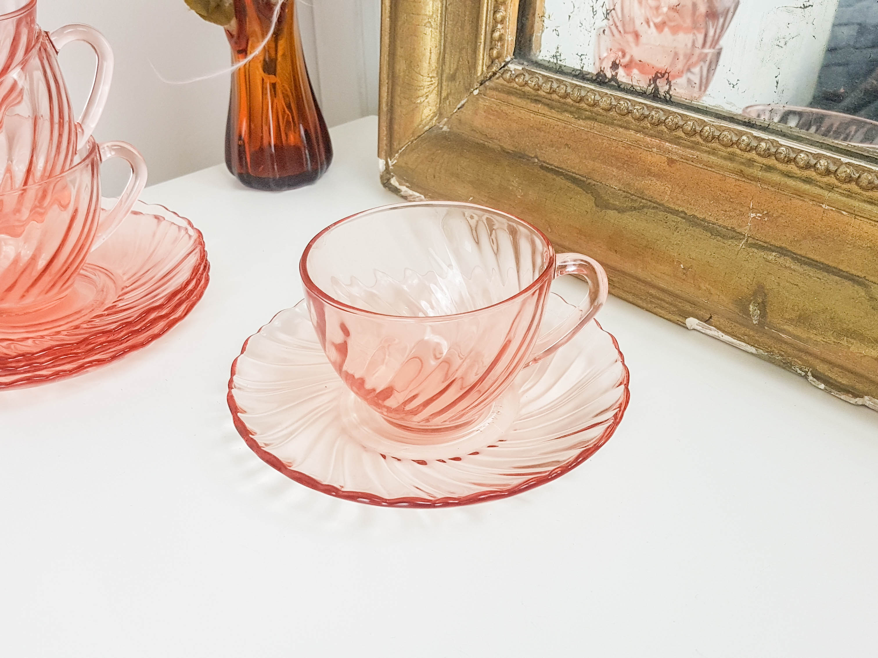 Lot Of 4 Cups Pink Depression Glass Breakfast Subcups Rosaline Arcoroc Luminarc Selency