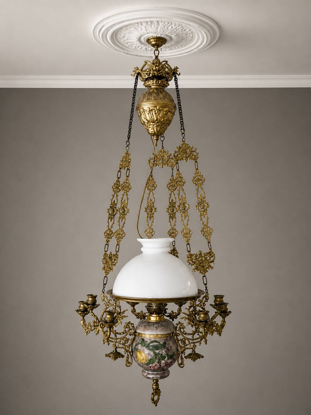 Antique lustre from the late 19th century, brass and opaline with floral decoration, 9 oil lights.