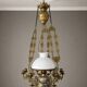 Antique lustre from the late 19th century, brass and opaline with floral decoration, 9 oil lights.