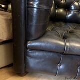 Canapé Chesterfield en cuir noir véritable 3 places