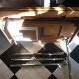 Brown formica table with 2 extension cords and drawer