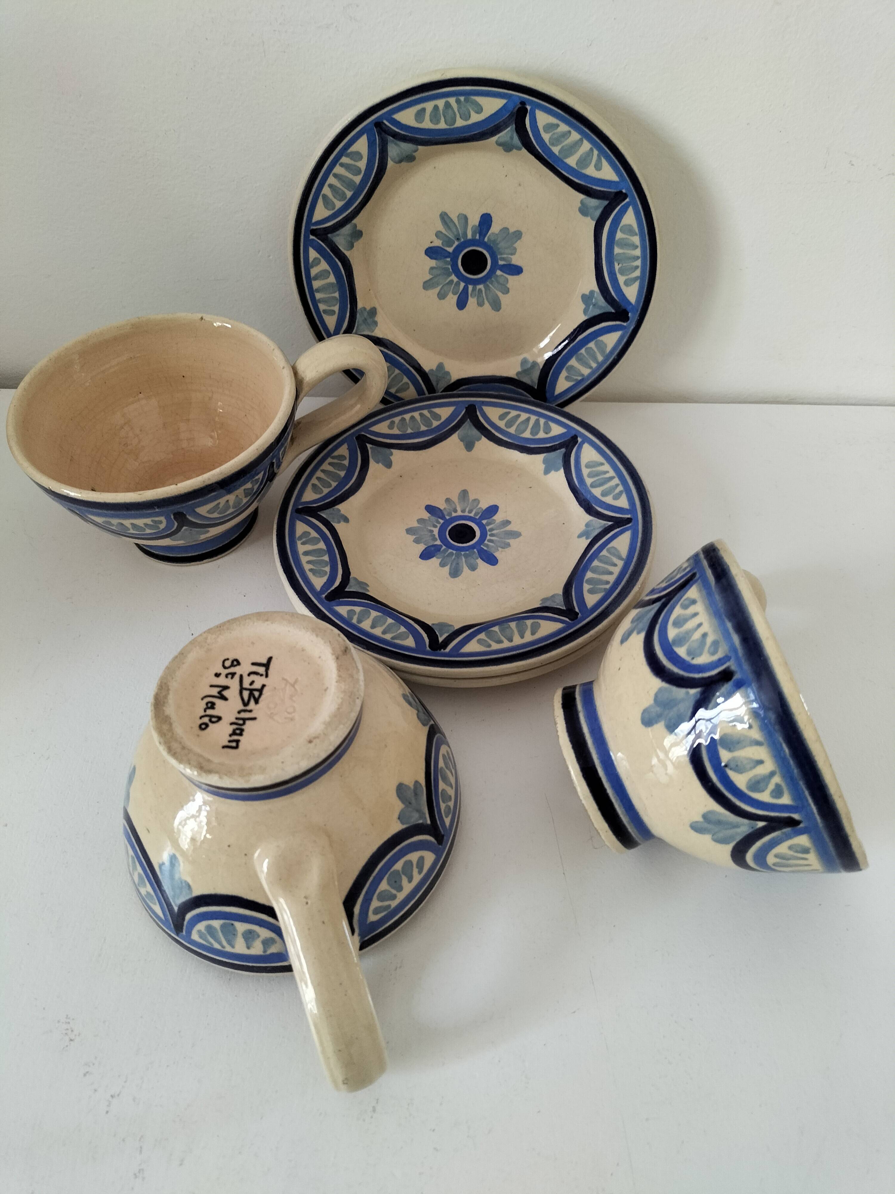 Trio of Ti-Bihan St Malo cups and saucers by Yvon Roy