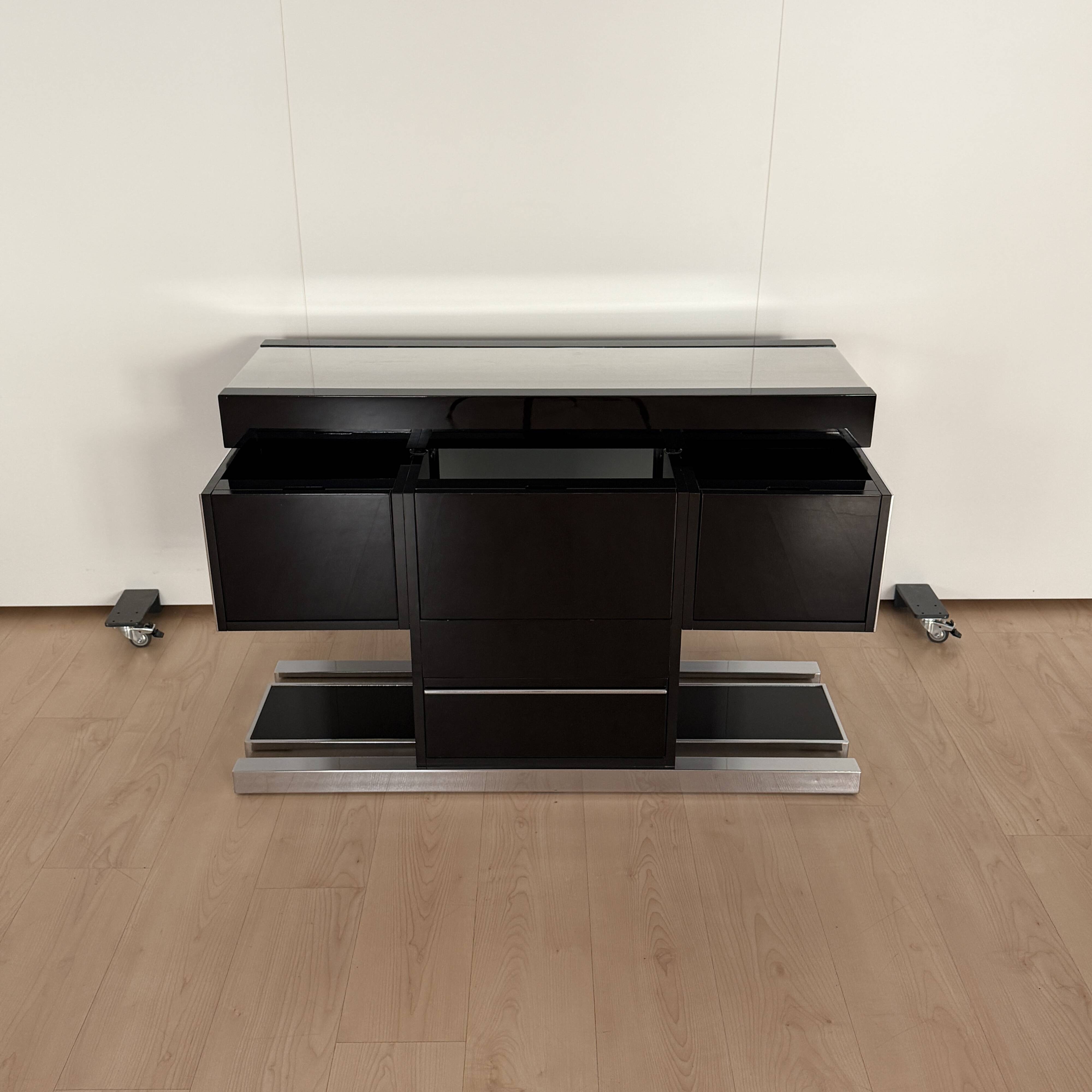 Willy Rizzo Dry Bar, Black Lacquer, Chrome, Leather, Italy circa 1970