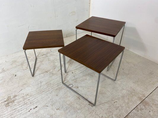 Set of 3 side tables trundle in teak and steel 1960s