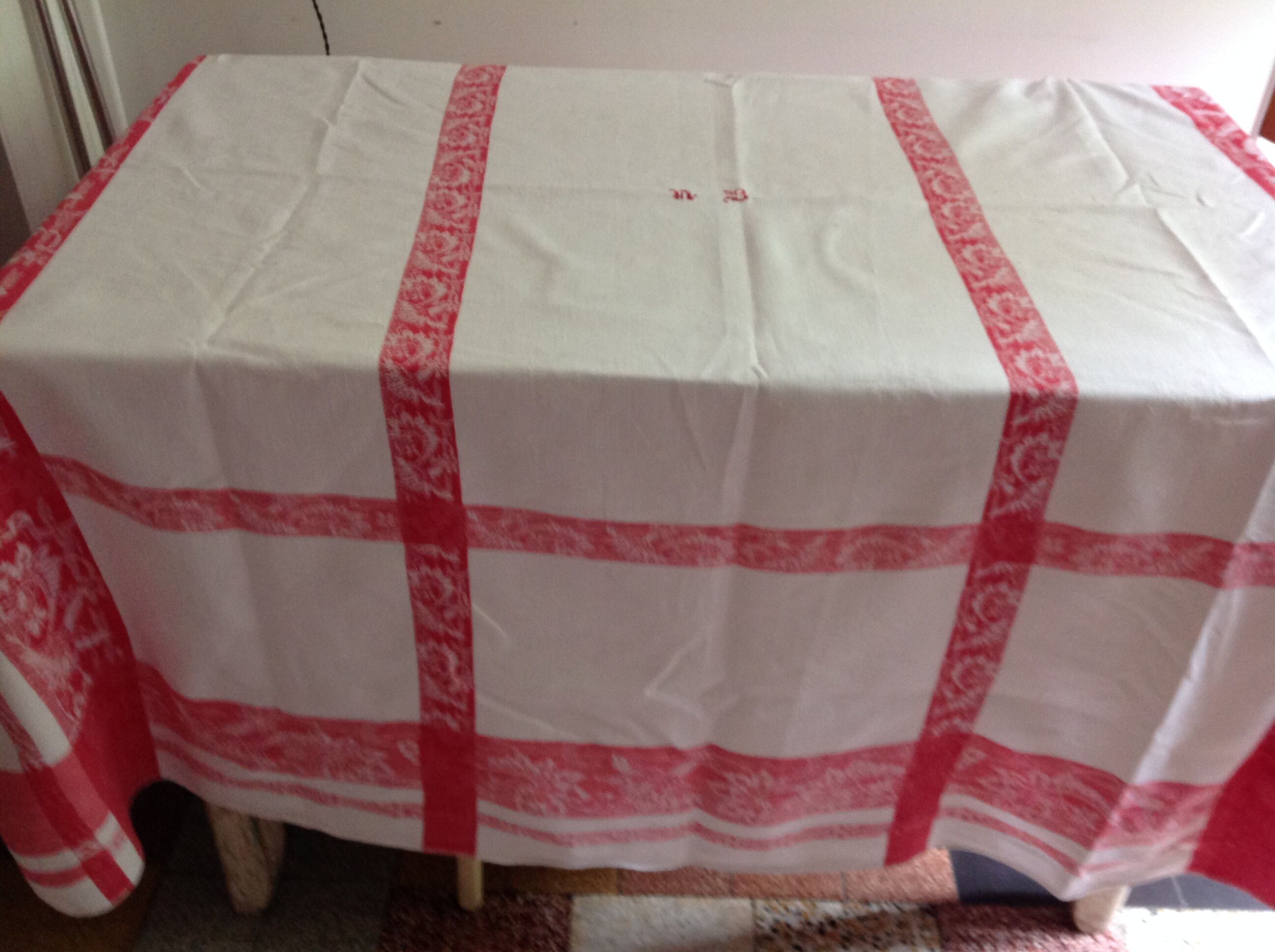 Red and white damask tablecloth
