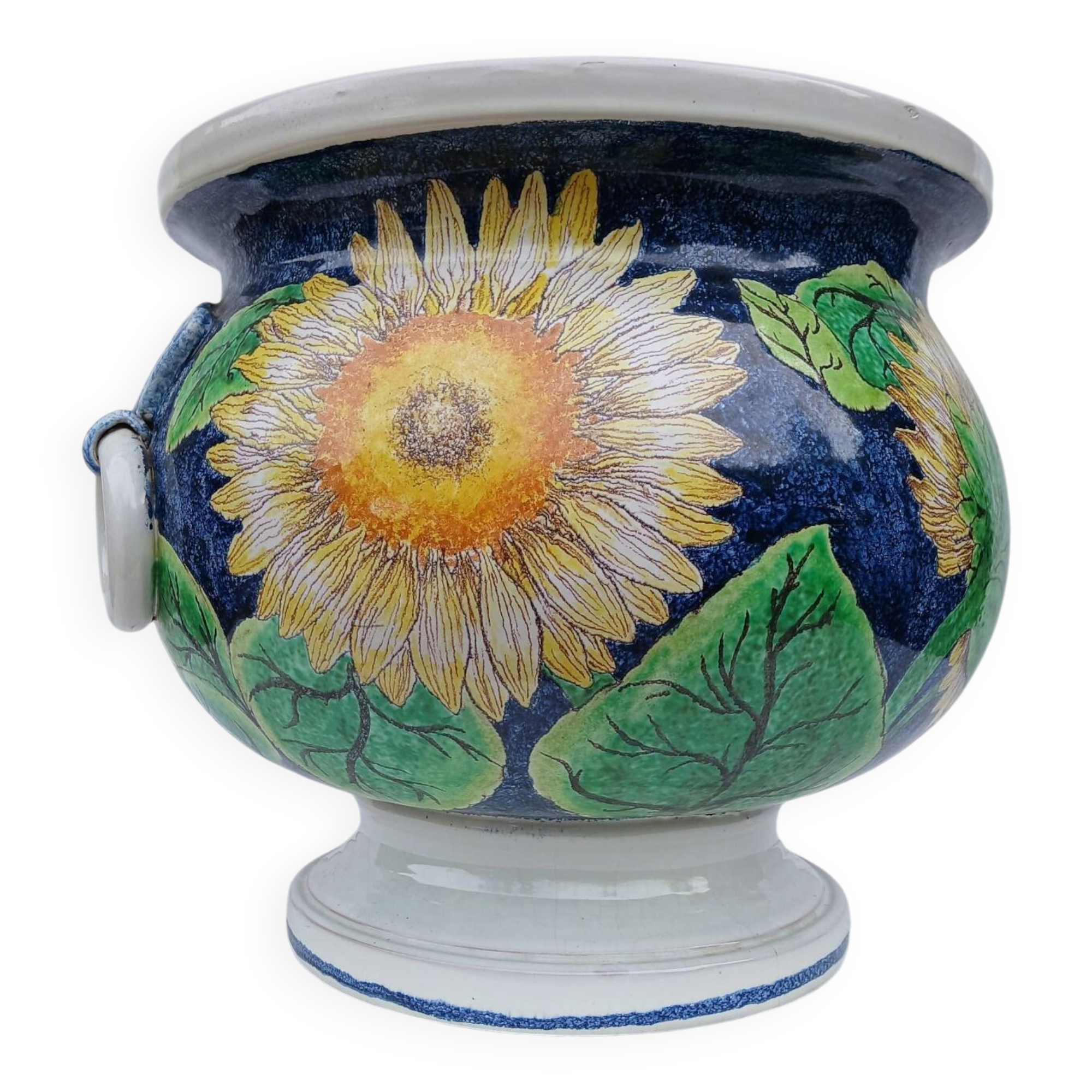 Very large painted ceramic plant pot - sunflower design