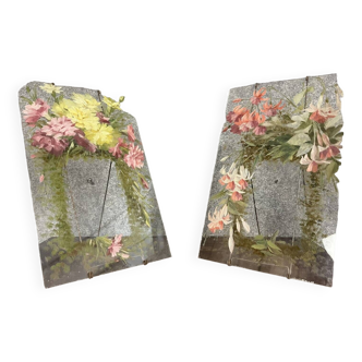 Pair of Art Nouveau photo frames in hand-painted glass with floral decoration