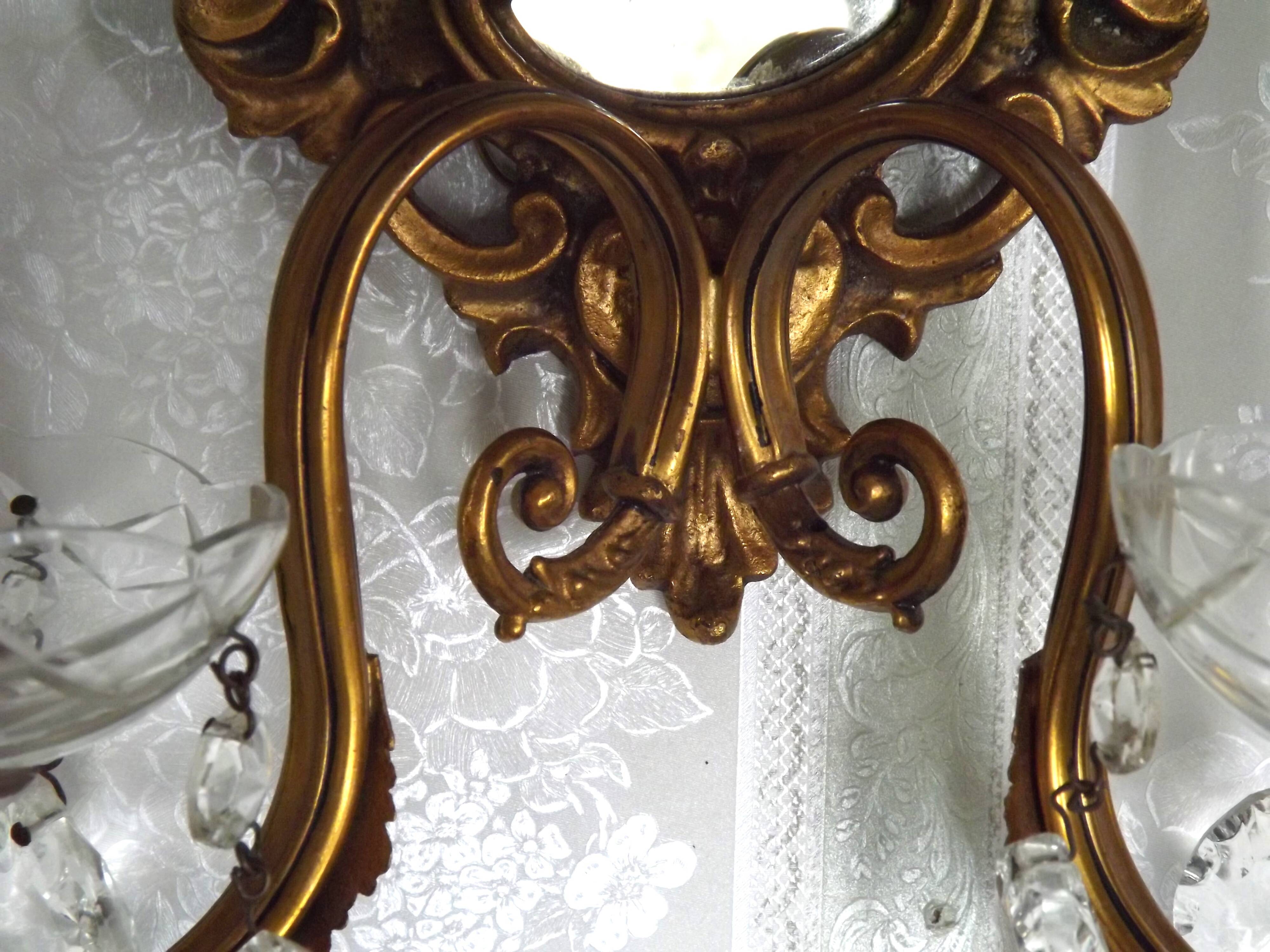 French Antique Gilt Bronze Baroque Double Light Crystal Mirror Wall Sconce 4807