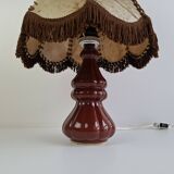 Vintage ceramic table lamp with hand-stitched leather shade, 1980s.