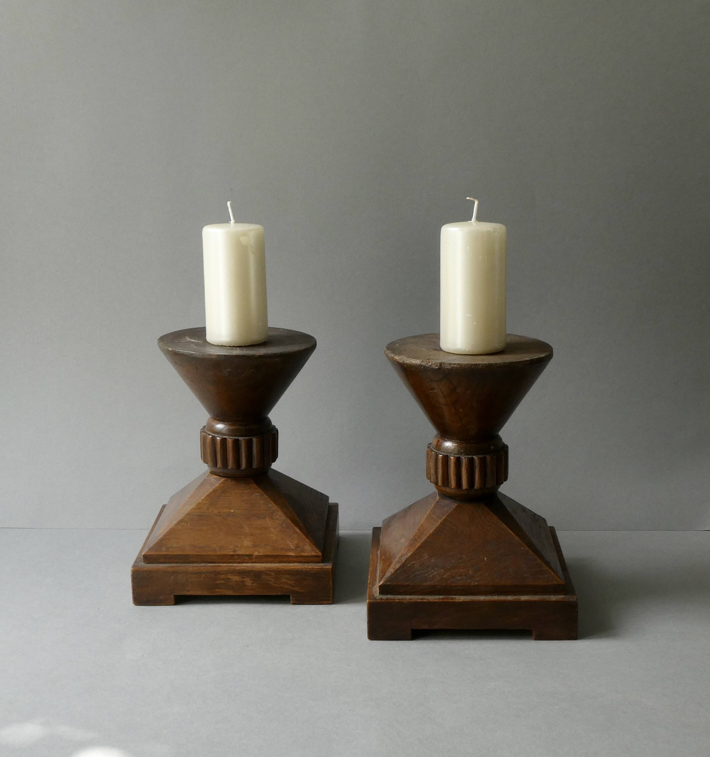 Pair of solid wood candlesticks, sculpted, brutalist