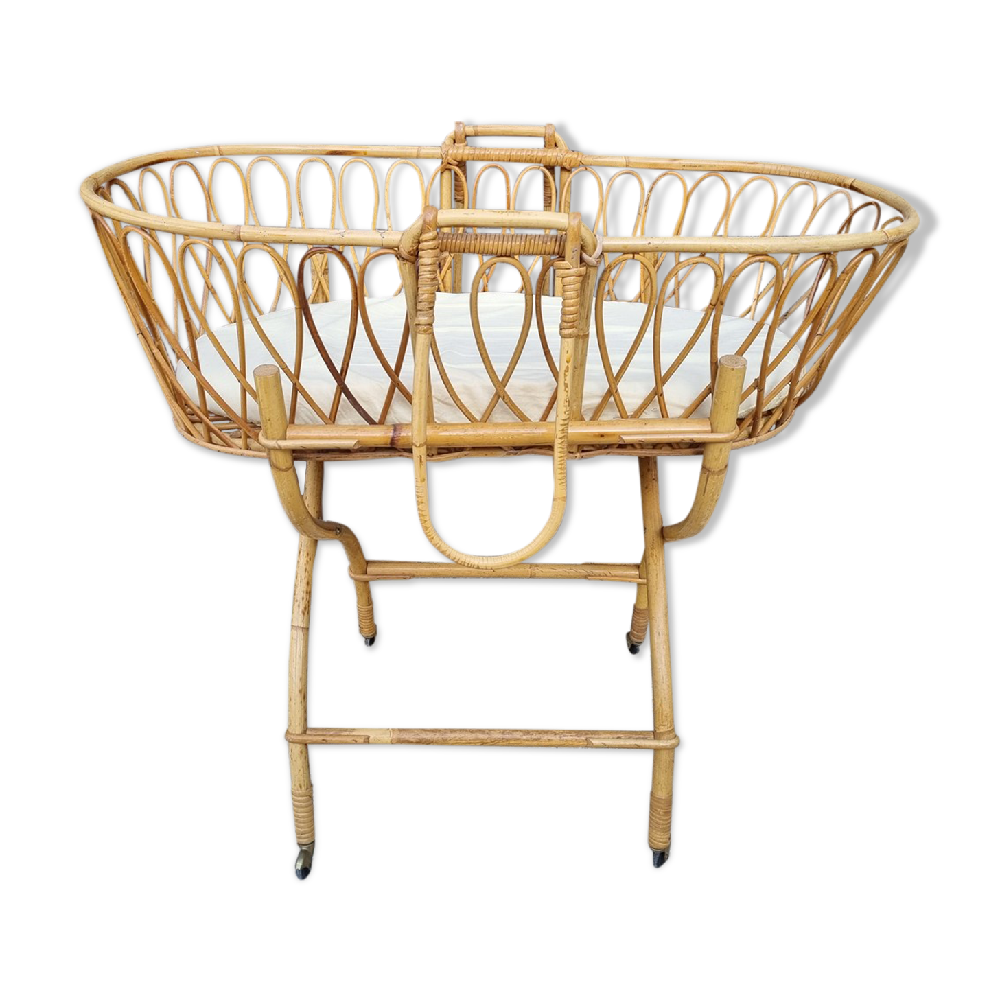 Rattan and bamboo cradle, vintage, 60s