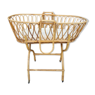 Rattan and bamboo cradle, vintage, 60s