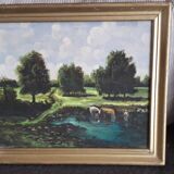 Tableau ancien à l'huile représentant un paysage de campagne