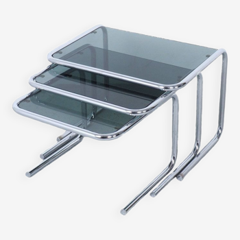 Vintage chromed nesting tables with smoked glass
