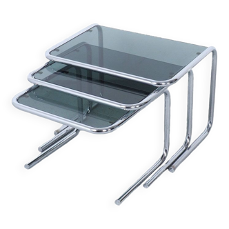 Vintage chromed nesting tables with smoked glass