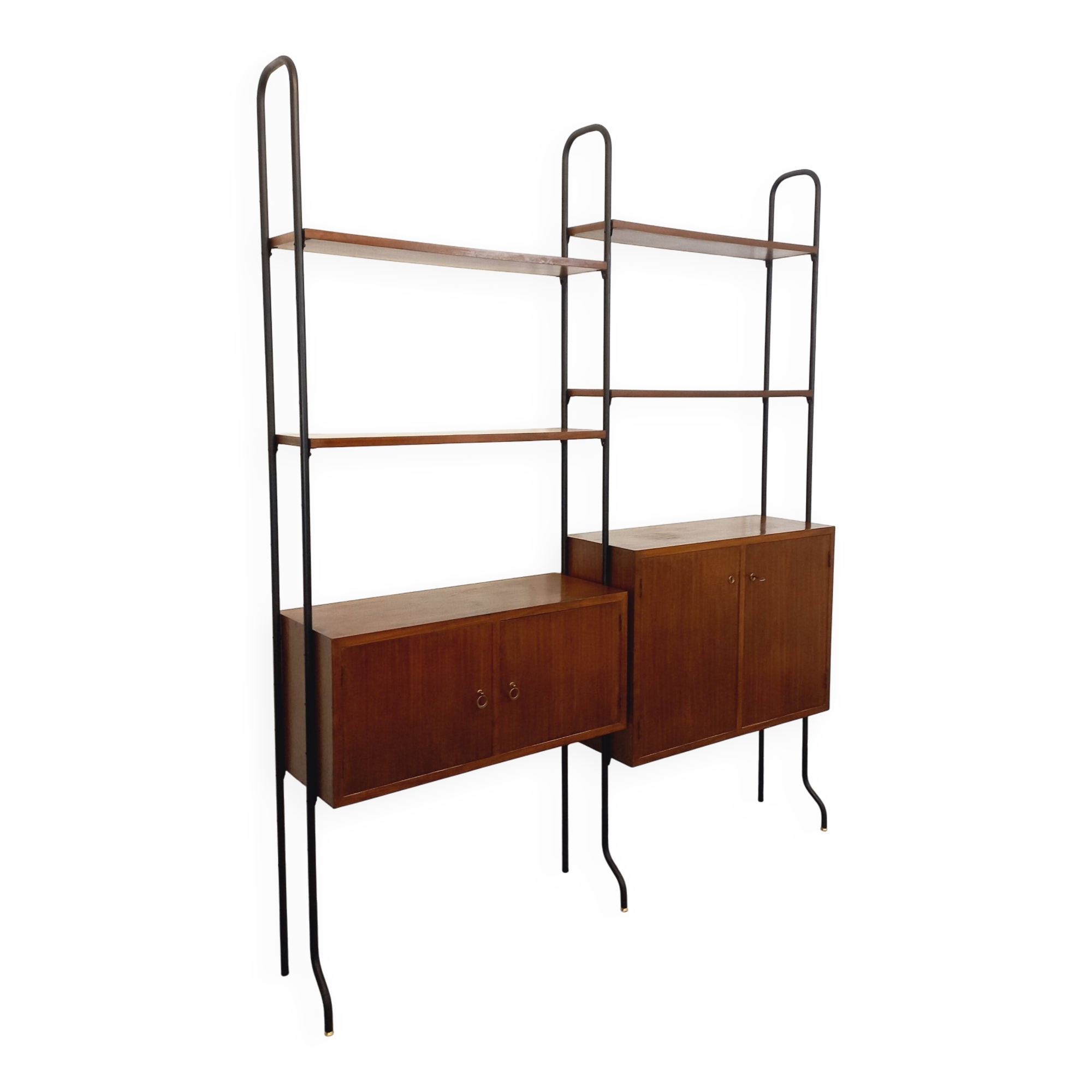 Vintage Italian double modular shelving unit in wood and metal