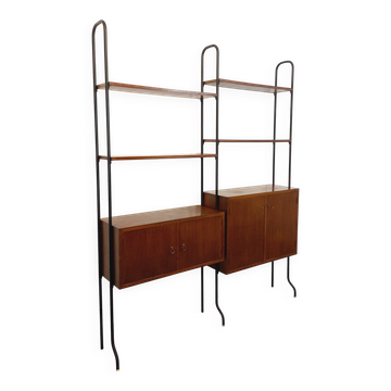 Vintage Italian double modular shelving unit in wood and metal