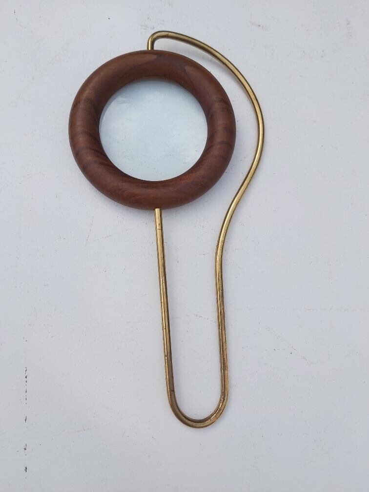 Scandinavian design magnifier wood and brass