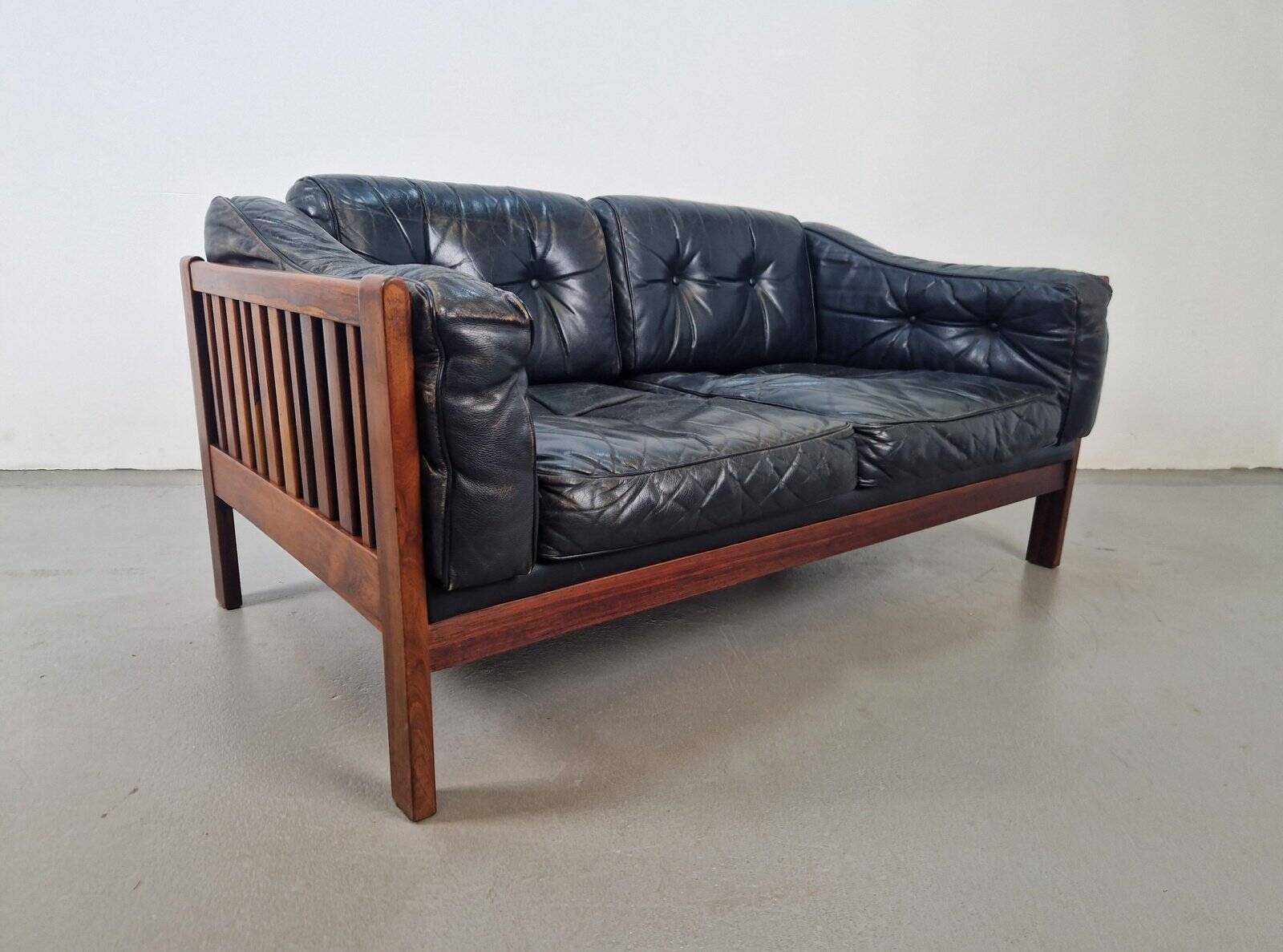 Mid-Century Modern Scandinavian Monte Carlo Sofa in Black Leather and Wood by Ingvar Stockum, 1965