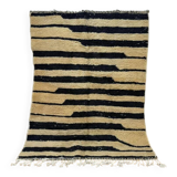 Handmade Moroccan rug in ecru with coloured patterns, 250cm x 150cm.