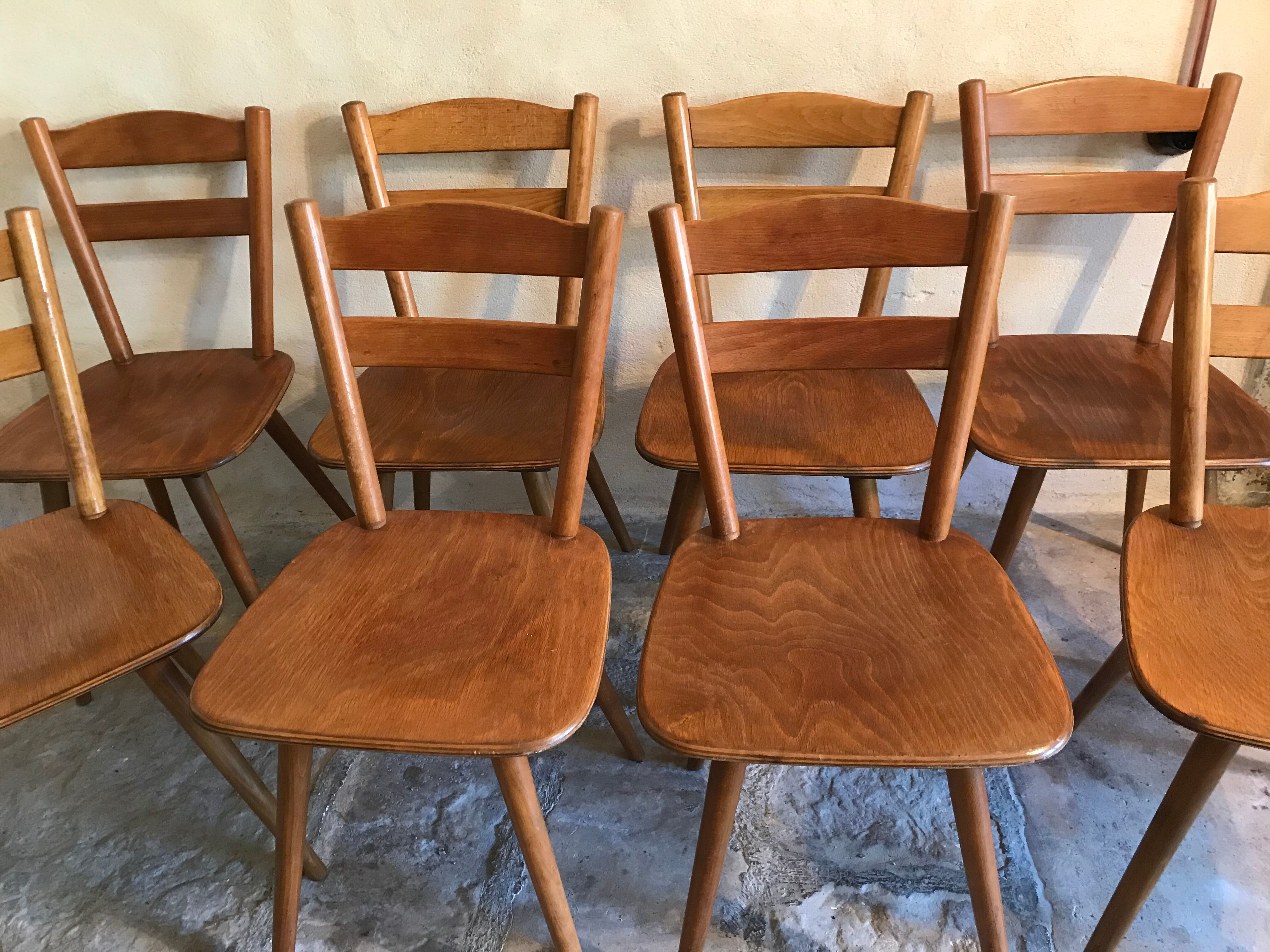 Set of 8 vintage beech chairs compass feet 1960's