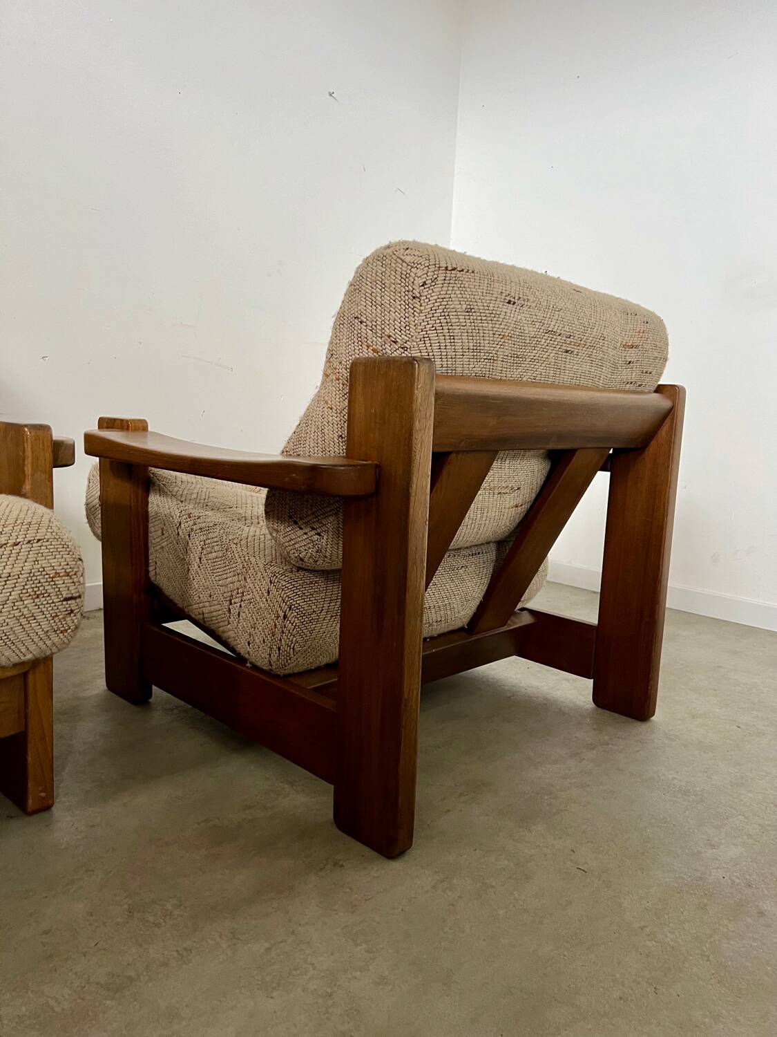 Lot of 2 solid elm armchairs, Maison Regain design, 70s vintage