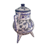 Pot en céramique blanc et bleu avec 2 anses et couvercle - 3 pieds, style casserole en fonte