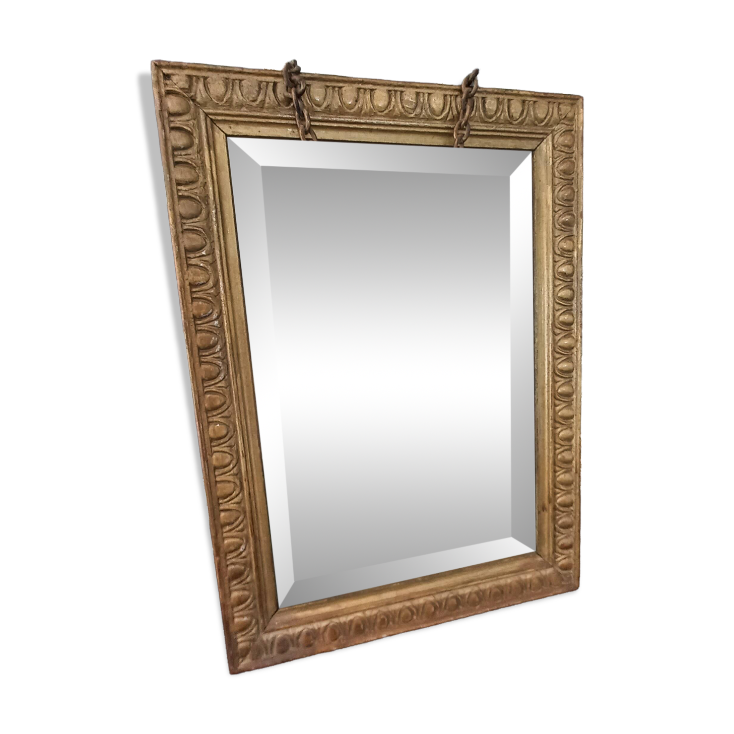 Small vintage mirror in gilded wood, bevelled glass with chain.