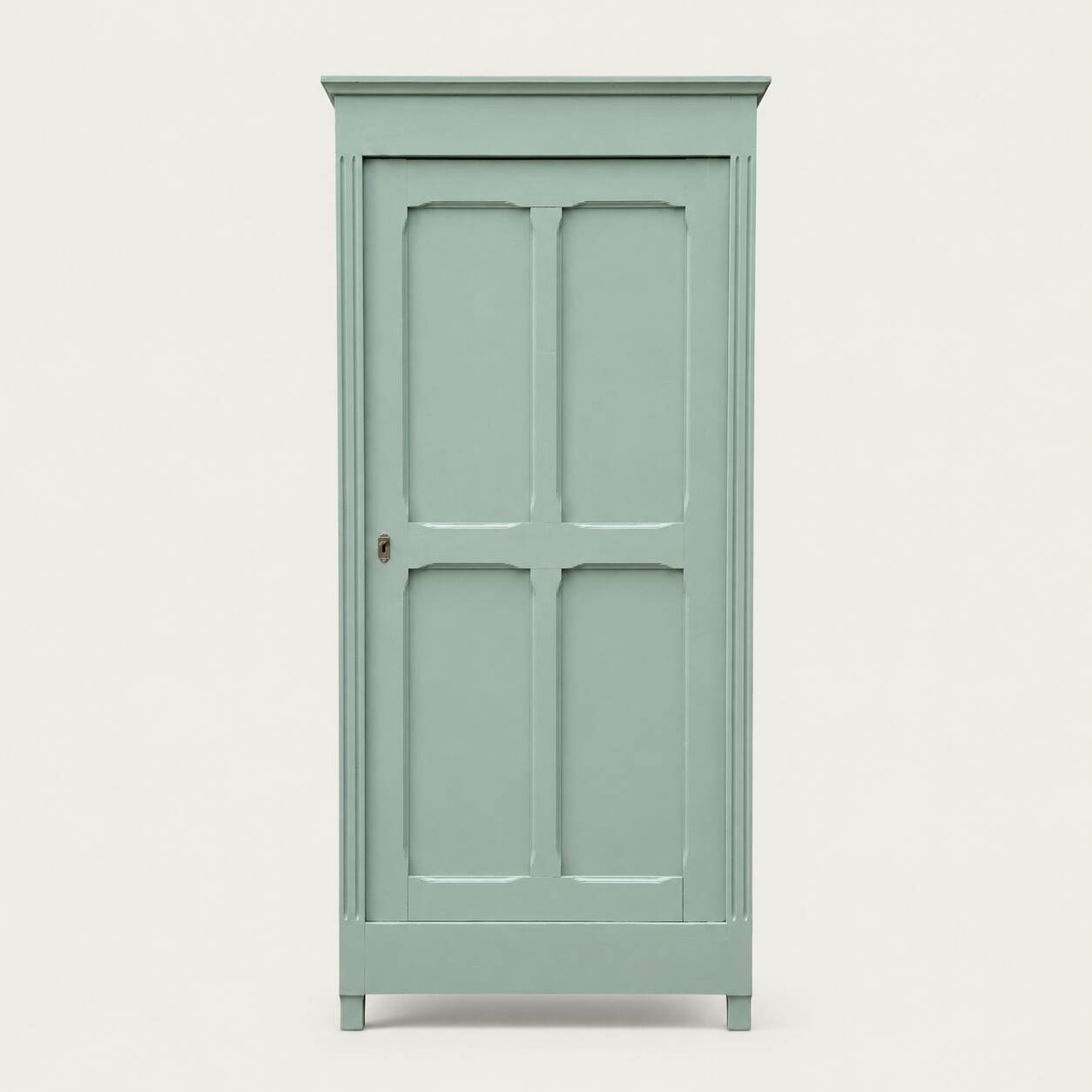 Antique Parisian wardrobe in grey-green solid pine.