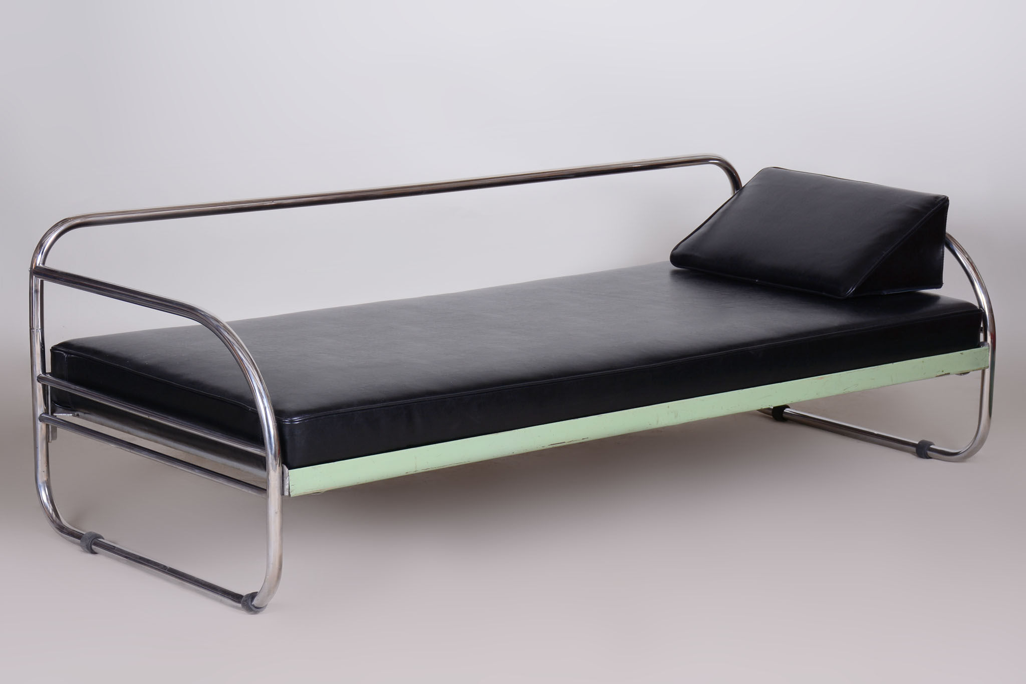 Restored black bauhaus sofa, robert slezak, high-quality leather, chrome-plated steel, 1930s