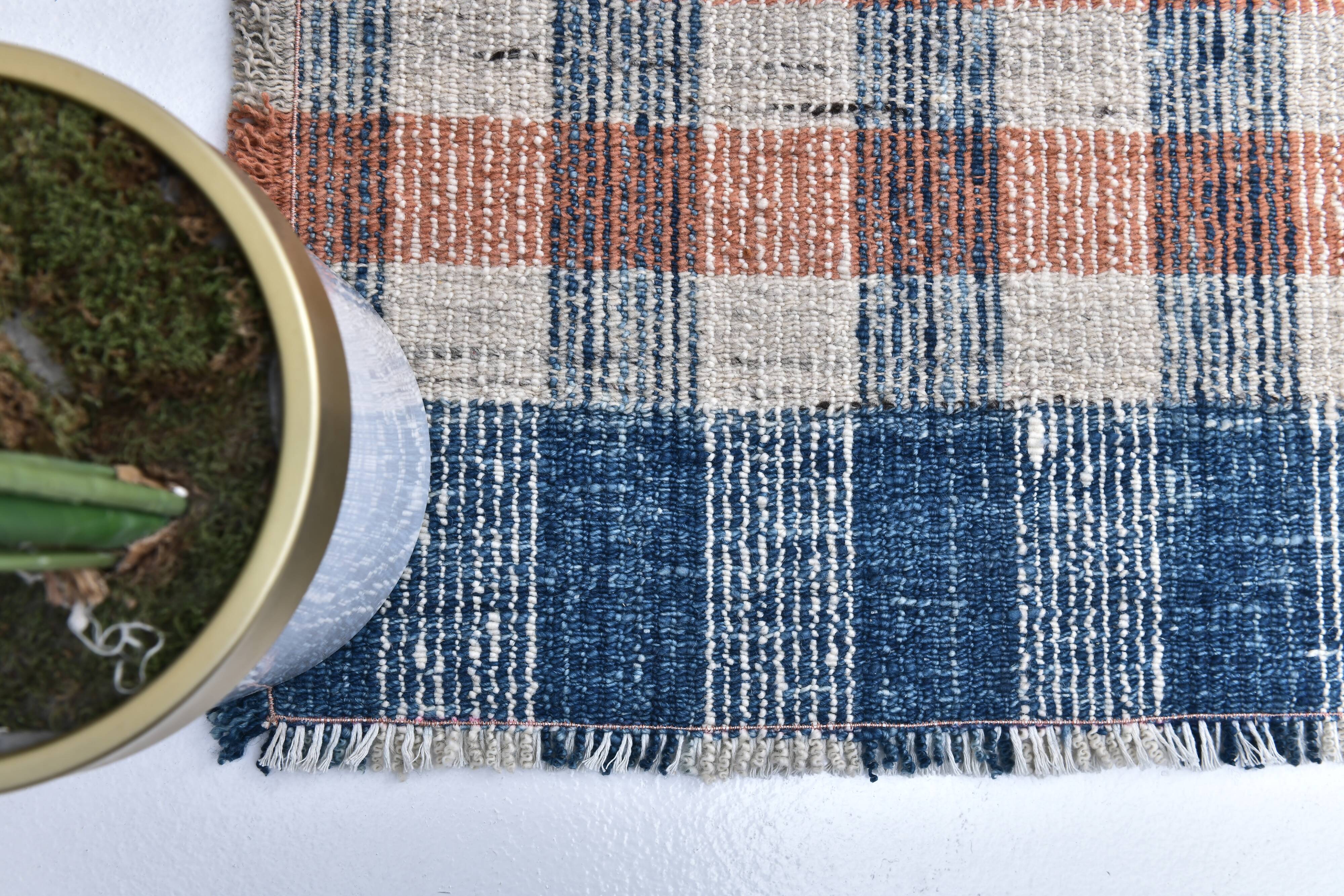 85x325 cm Runner Rug, Blue Terracota Hand made Rug, Made With Wool.