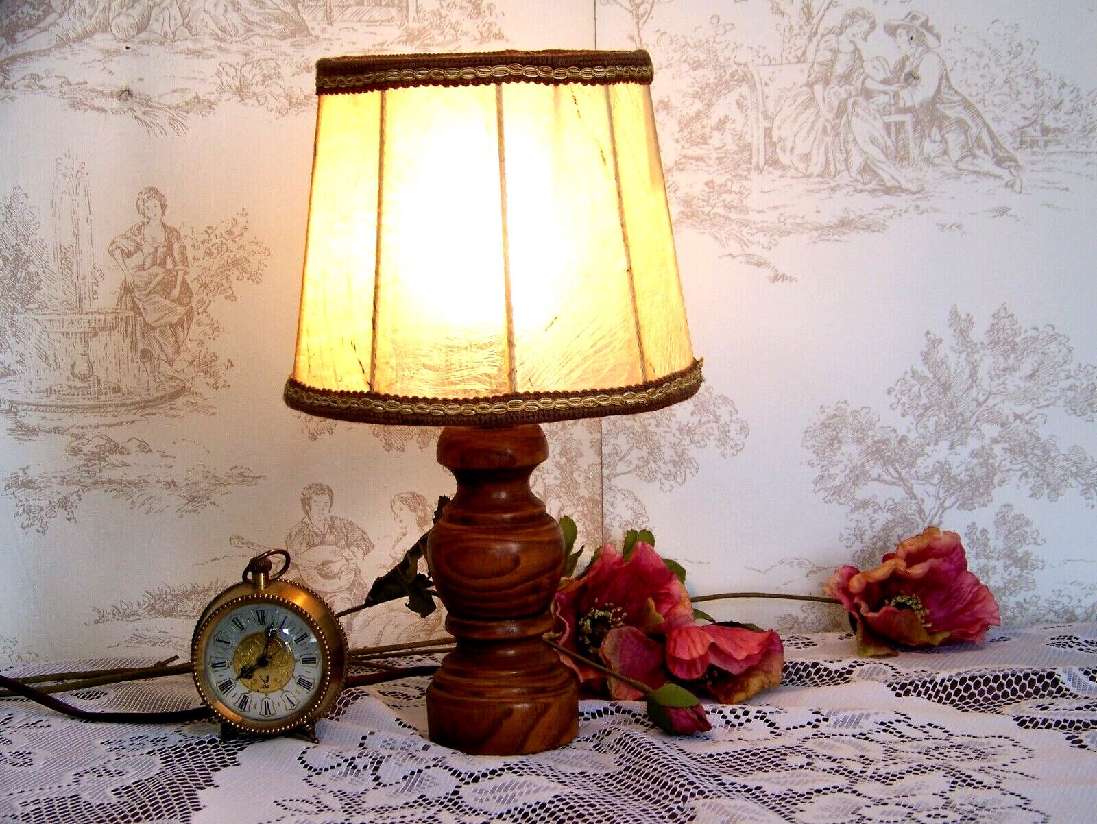 Small French Round Turned Wood Table Lamp With Hand Made Hide Skin Shade 4355