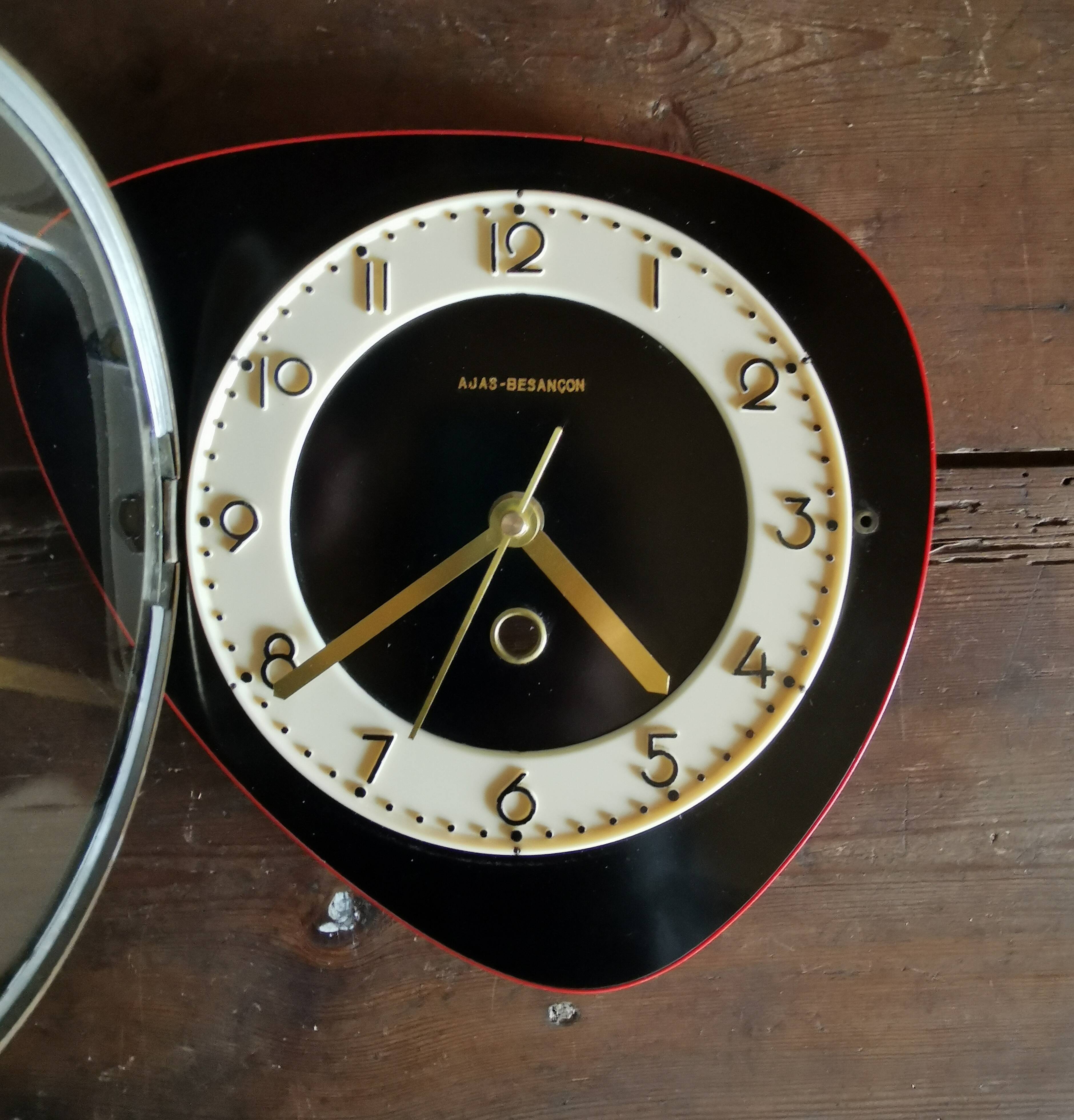 Vintage formica clock silent asymmetrical wall clock "Ajas Besançon black red"