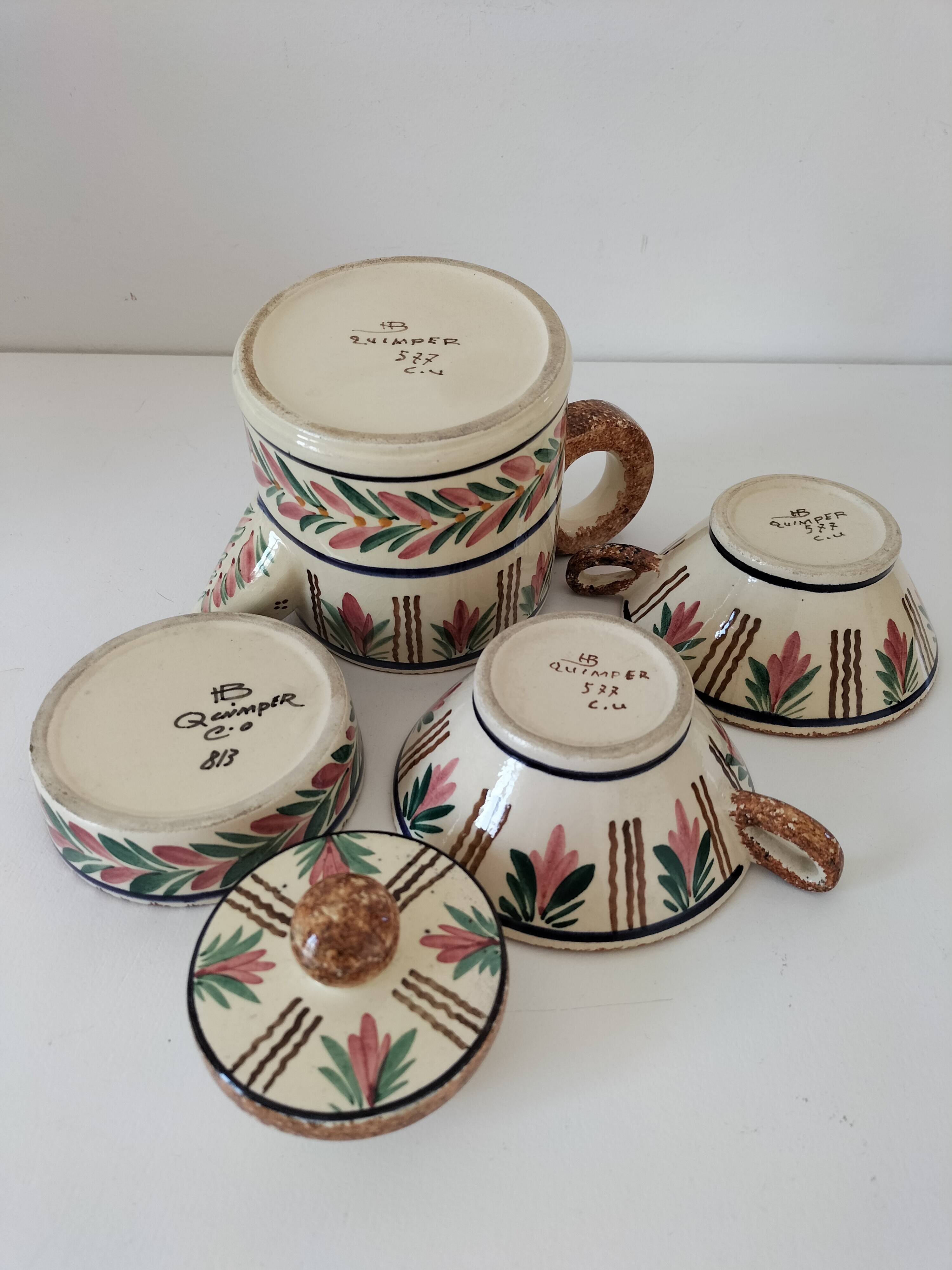 HB Quimper Teapot, Cups and Ramekin Set