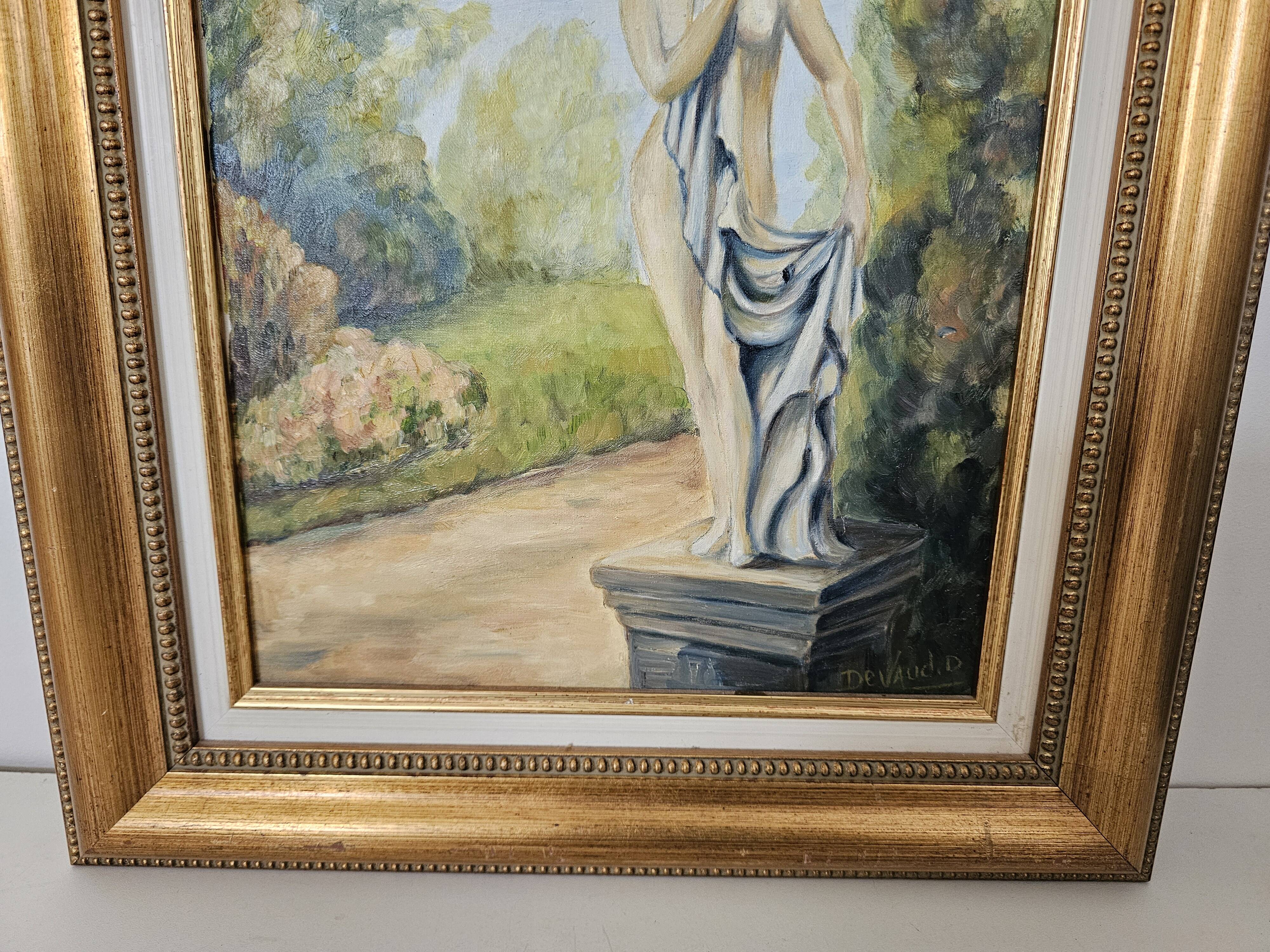 Oil on Canvas - Statue in a Park Signed Devaud