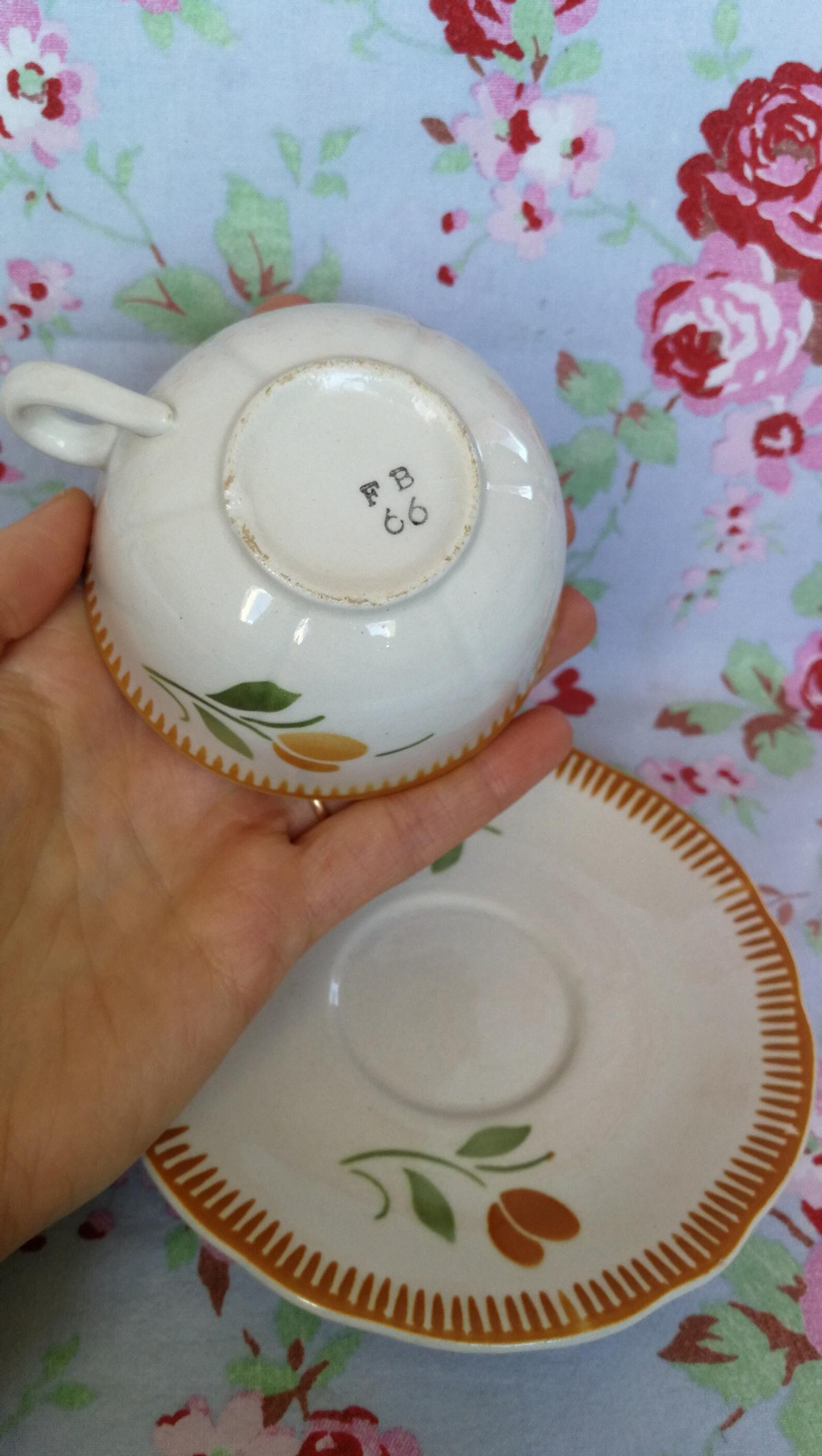 2 Old Badonviller Orange and Green Flower Cups and Sauces - Coffee or Tea Service for 2