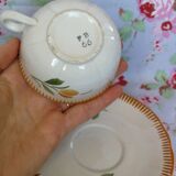 Set de 2 tasses et soucoupes anciennes Badonviller Fleur Orange et Vert - Service à Café ou Thé pour 2