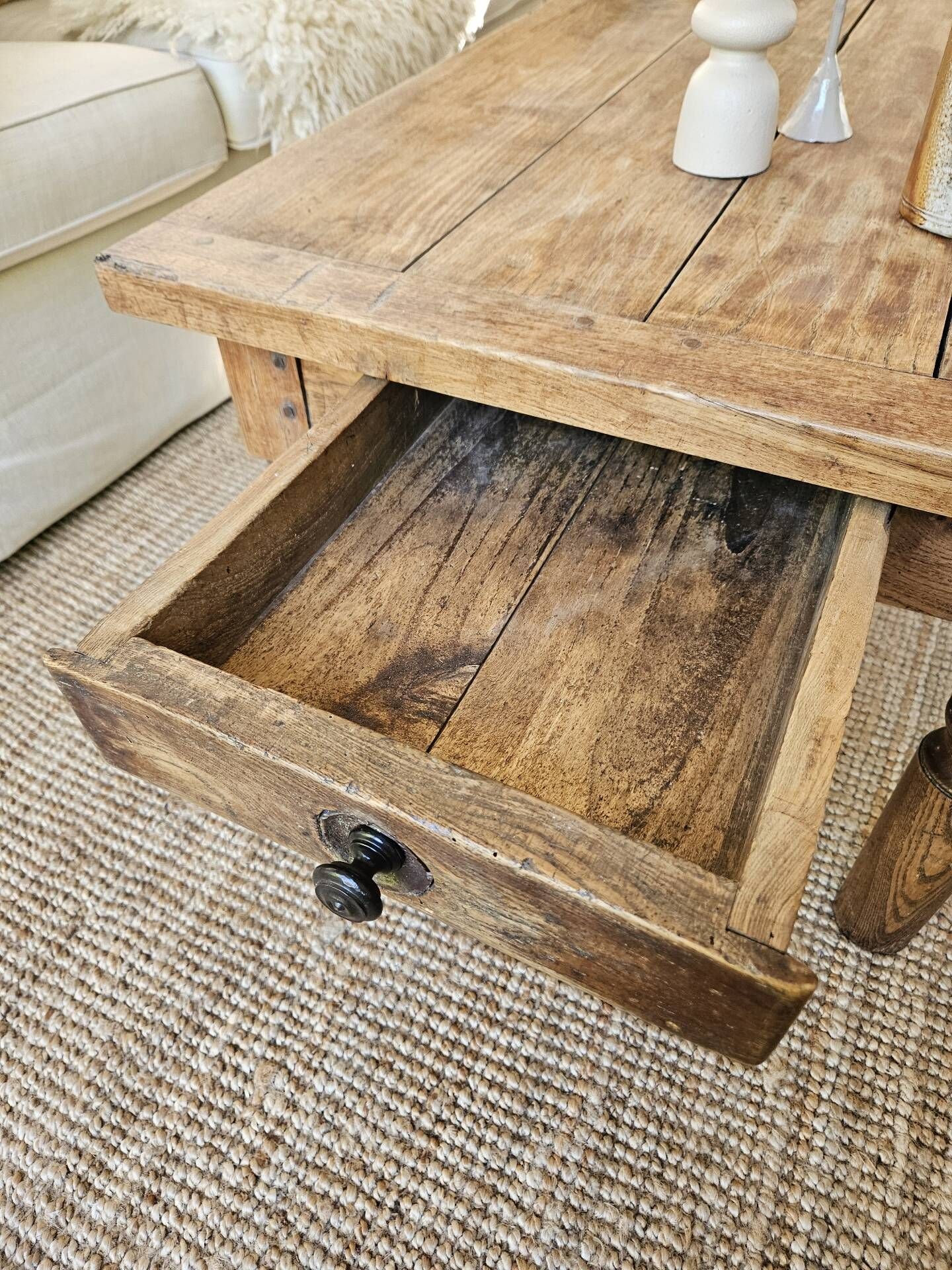 XXL coffee table in solid raw elm wood with 2 drawers, rustic antique.