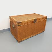 Vintage trunk in wood, rattan, caning, and brass.