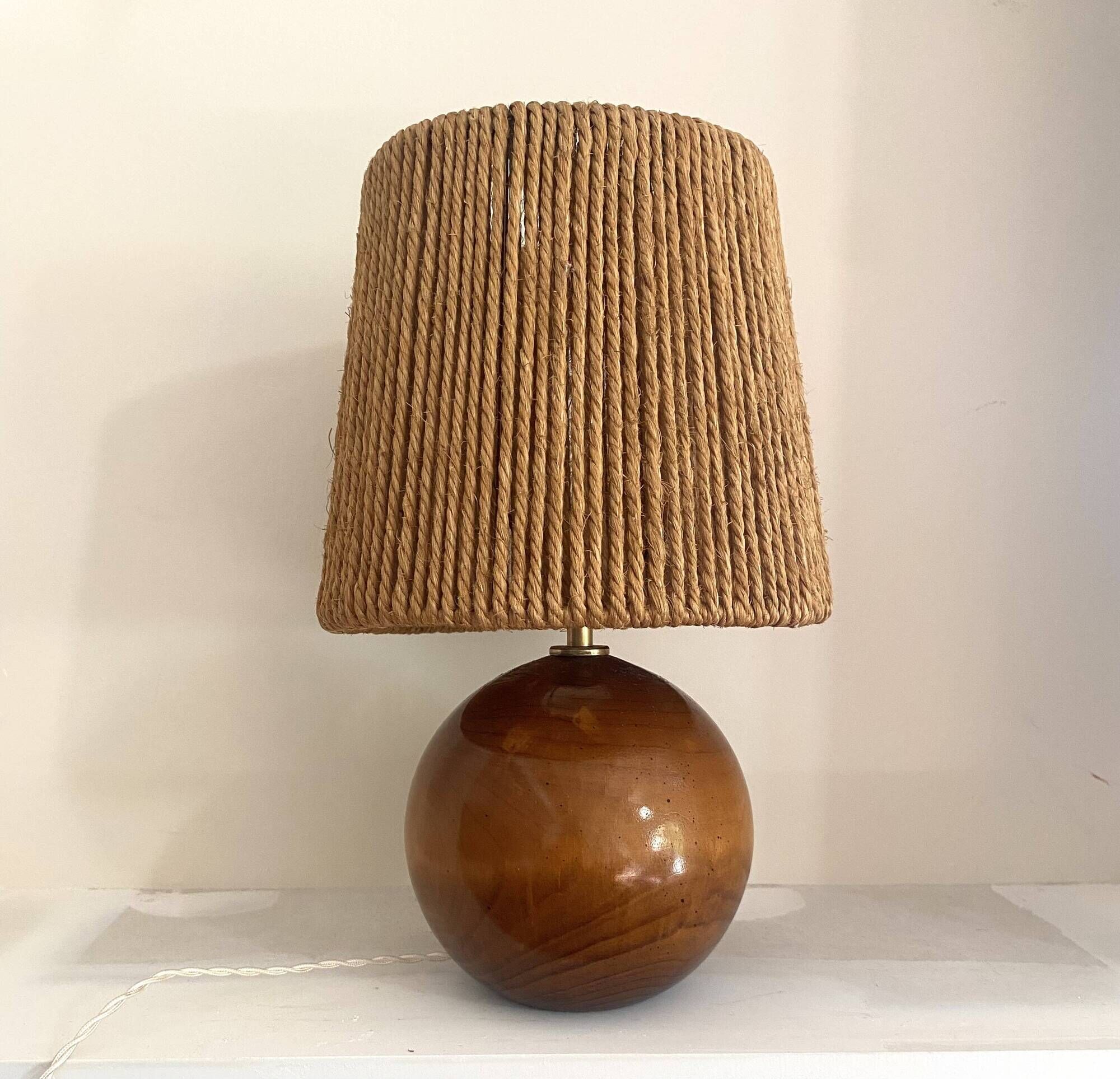 Wooden lamp, new braided fabric cable, cord lampshade, 1960s.