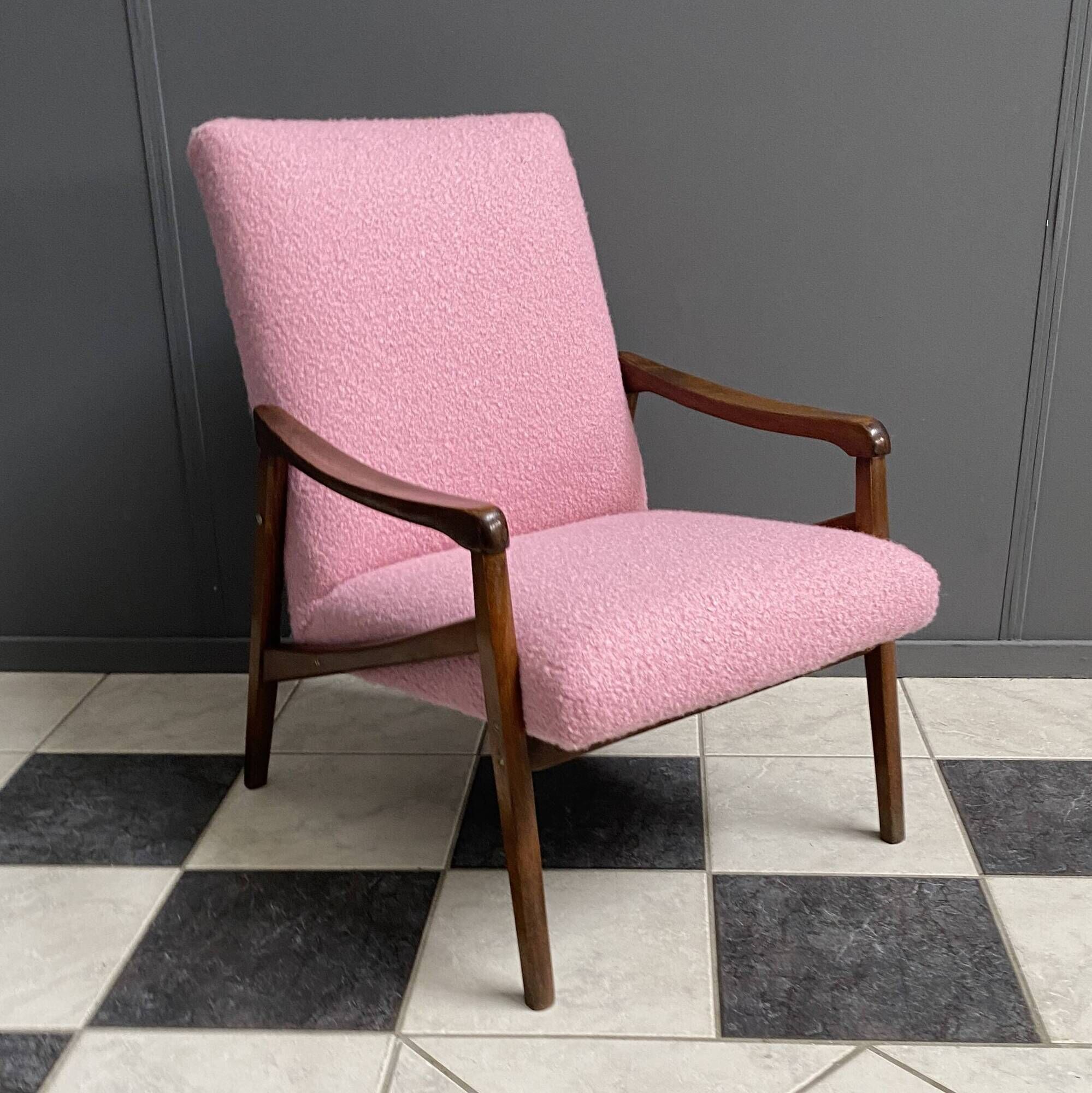 Pink arm chair by Jiri jiroutek 1960s reupholstered in boucle pink
