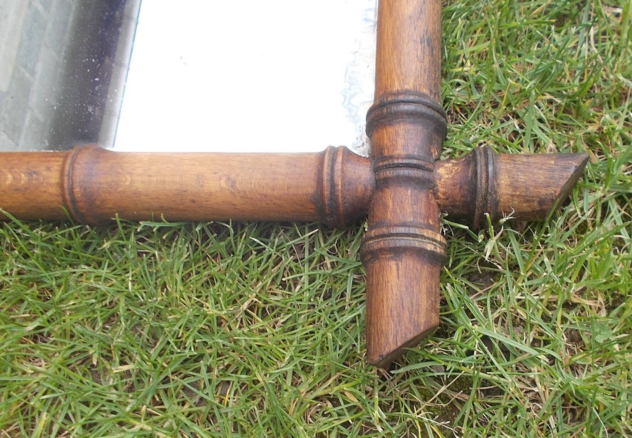 Old turned wood mirror, bamboo imitation.