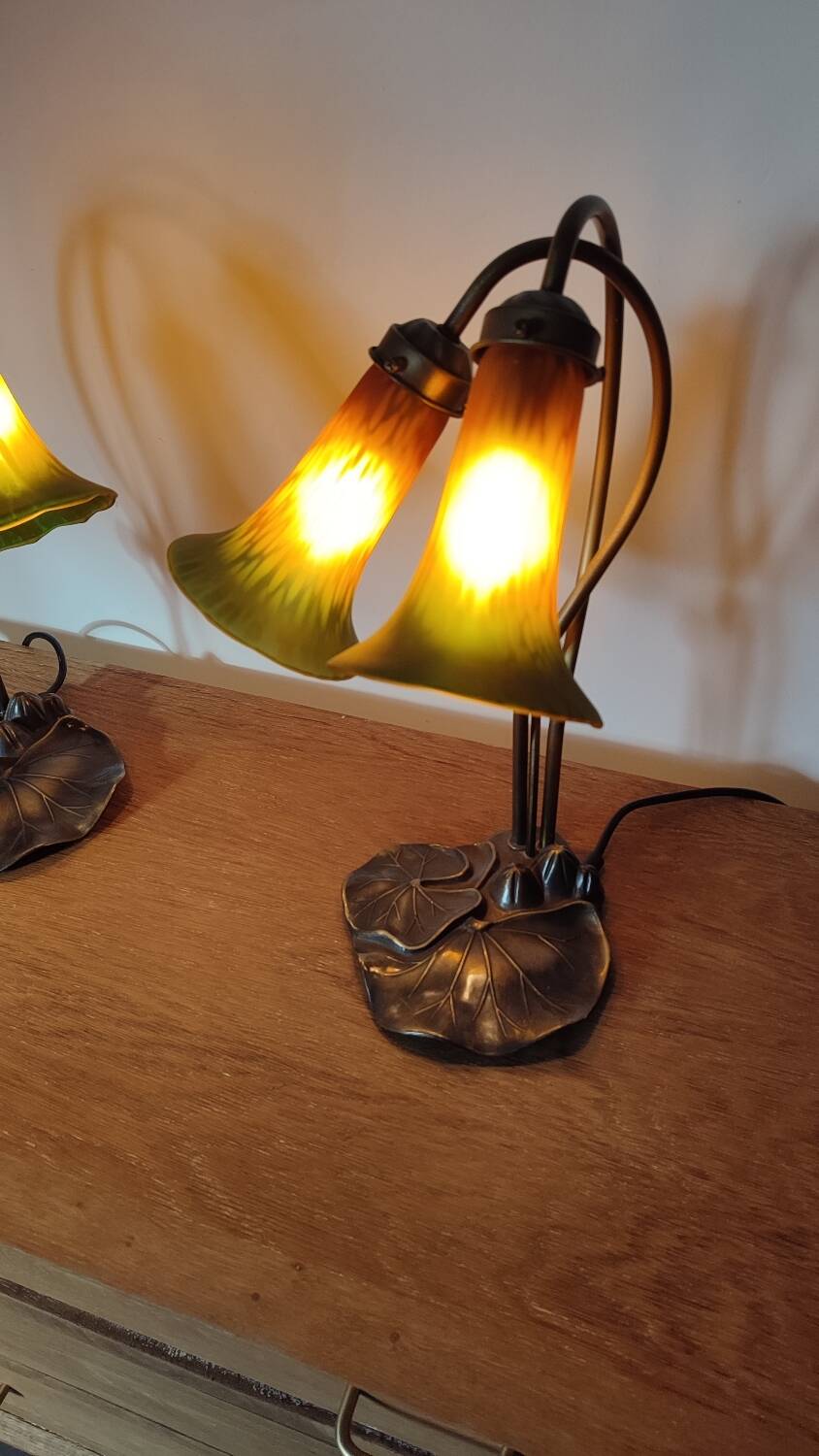Deux lampes nénuphar en laiton et verre