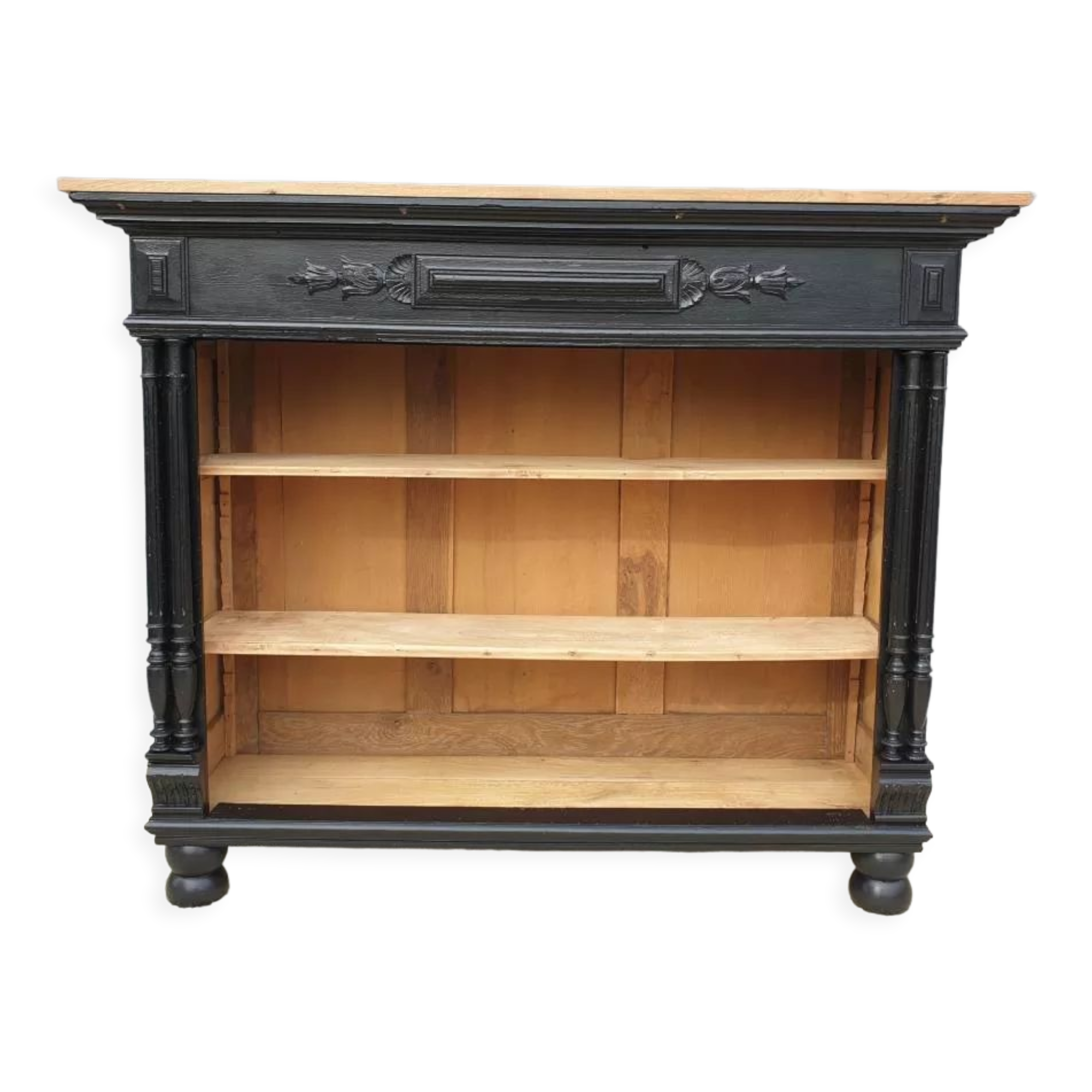 Neoclassical black wood bookcase with columns