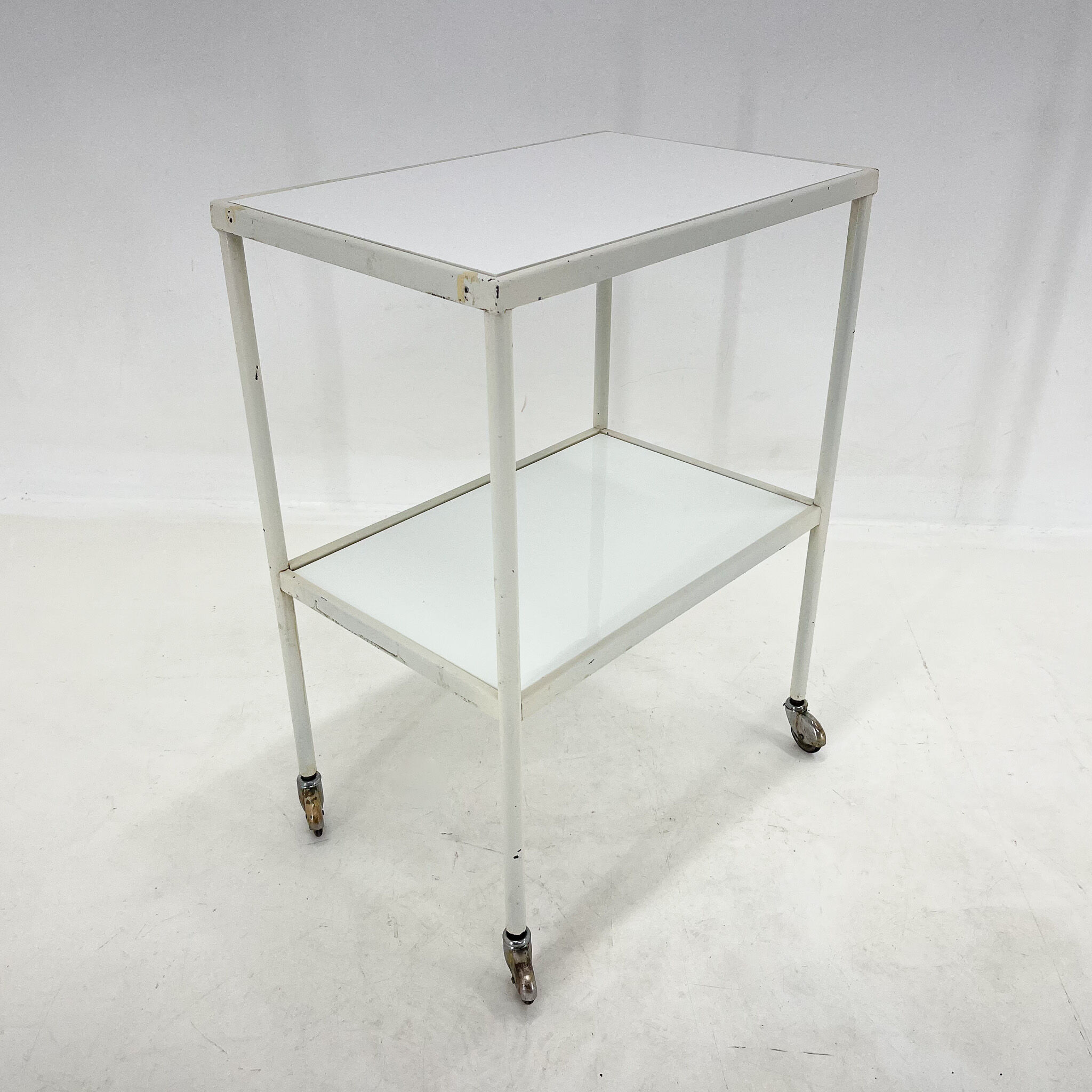 1950's hospital table, trolley on wheels with opaxite glass