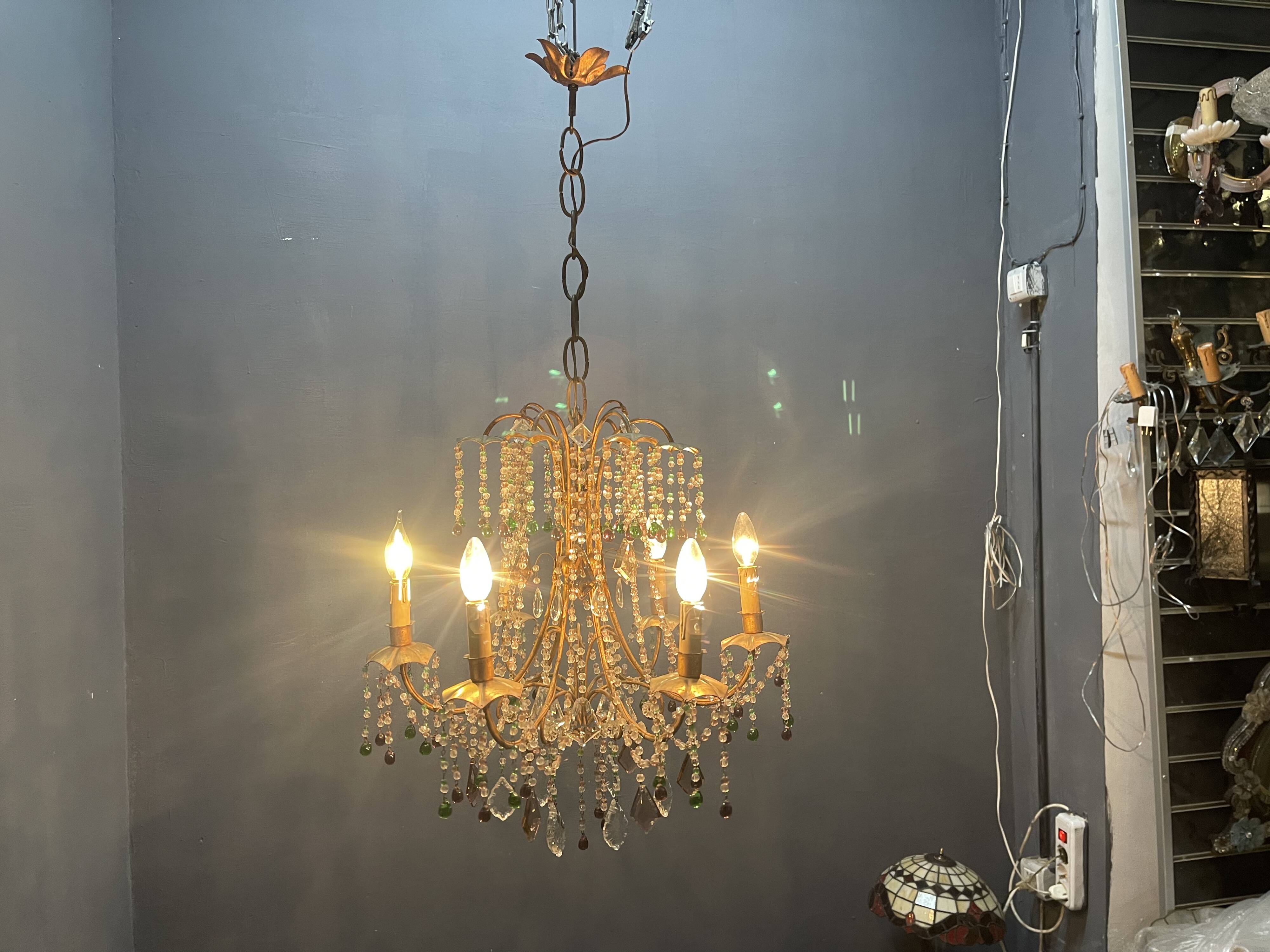 Chandelier en verre de Murano perlé doré en tole florentine italienne des années 1950 à 6 lumières