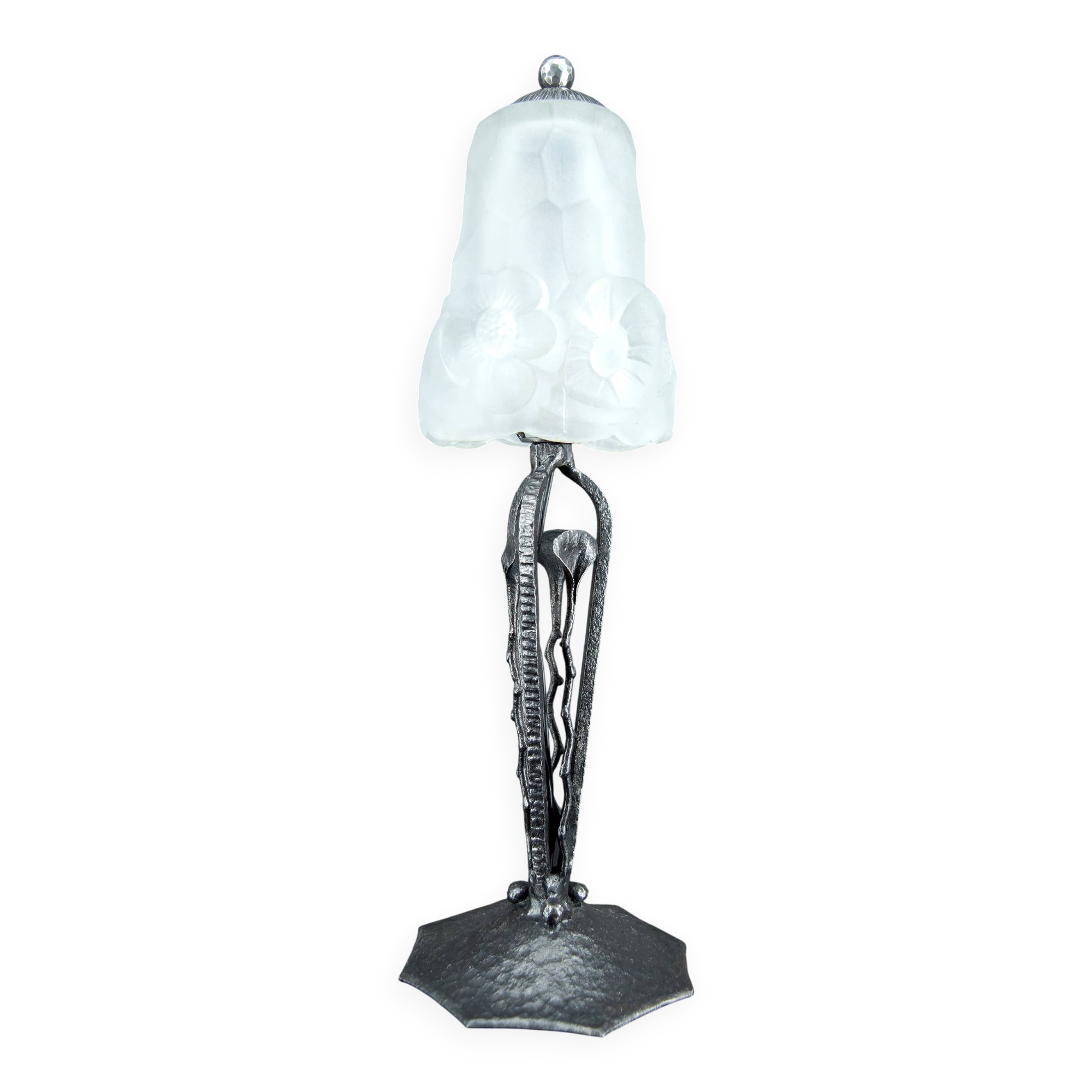 Art Deco Wrought Iron Lamp, Floral Tulip signed Degué, France, c. 1930