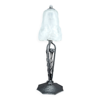 Lampe Art Déco en Fer Forgé, Tulipe Florale signée Degué, France, c. 1930