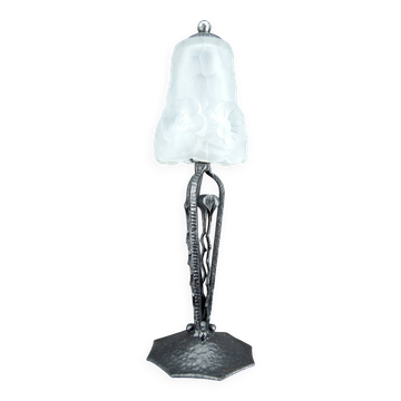 Art Deco Wrought Iron Lamp, Floral Tulip signed Degué, France, c. 1930