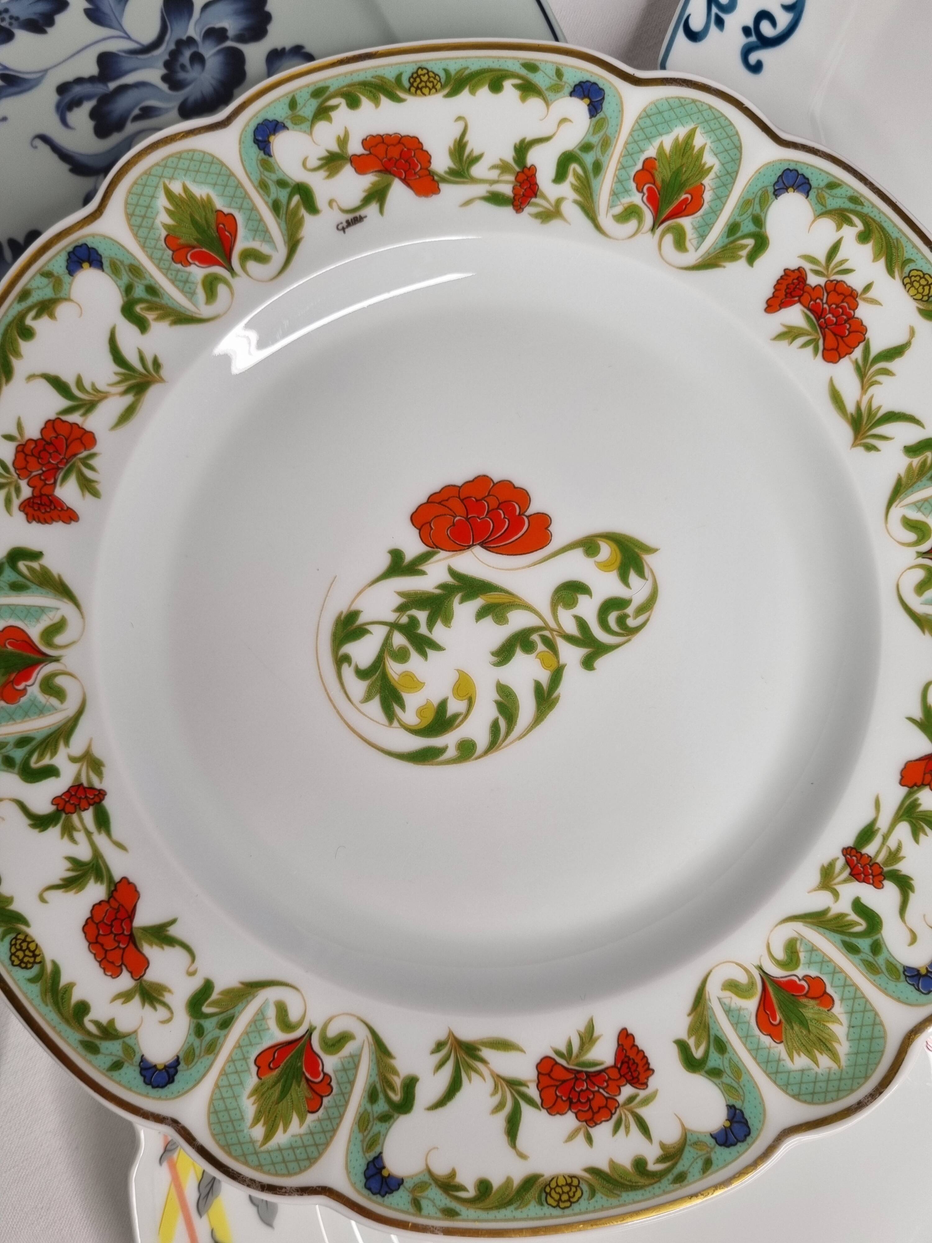 Set of 6 decorative French porcelain plates, floral and traditional designs, 25 cm